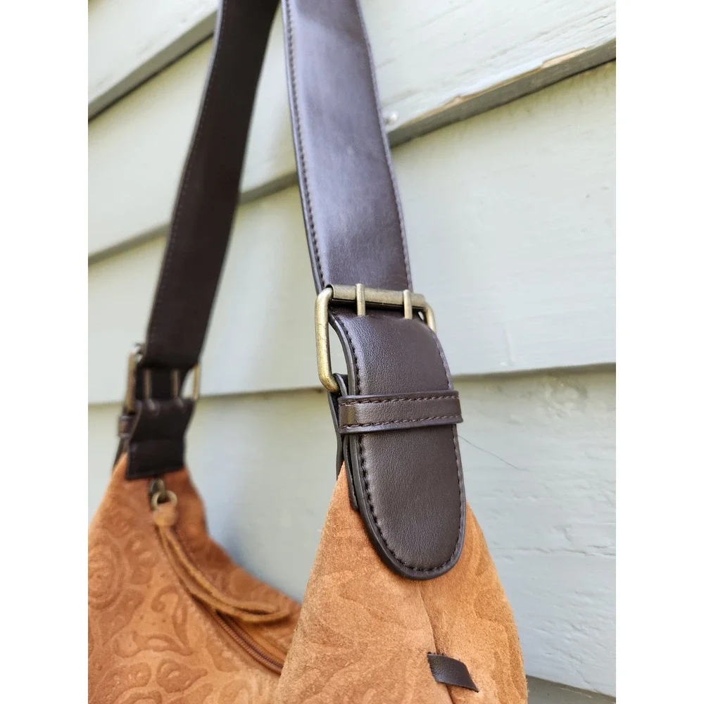 Vintage Y2K Bisou Bisou Hobo Bag Tan Suede Paisley Embossed Whipstitch Medium